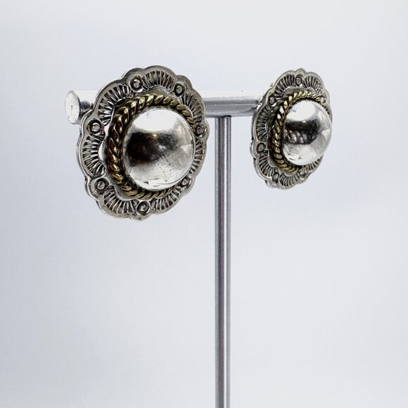 VTG Two Tone Sterling Silver 925 Etched Rope Border Stud Earrings Size 1" Length - Picture 1 of 8